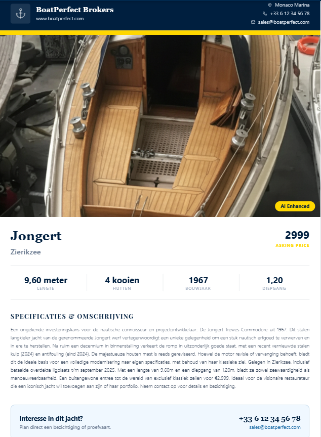 Voorbeeld van het gegenereerde Jacht Verkoopdossier PDF